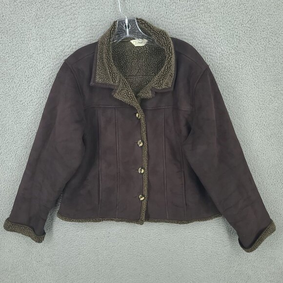 Ll Bean Jacket Womens 1x Plus Cropped Sherpa Lined Faux Suede Button Up Brown - Picture 1 of 8